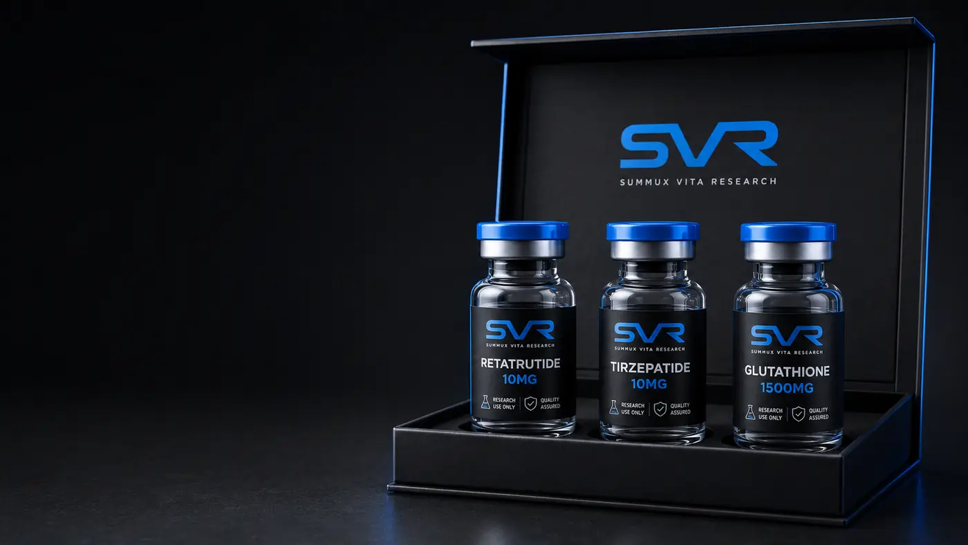Summux Vita Research peptide vials in premium black presentation packaging